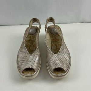 Fly London Yazu Distressed Metallic Leather Slingback‎ Wedge Women’s Size EU 38